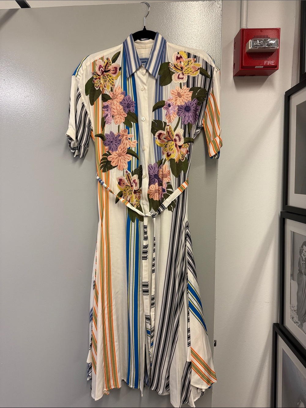 Dries Van Noten Multicolor Striped Midi Dress with Floral Appliqué